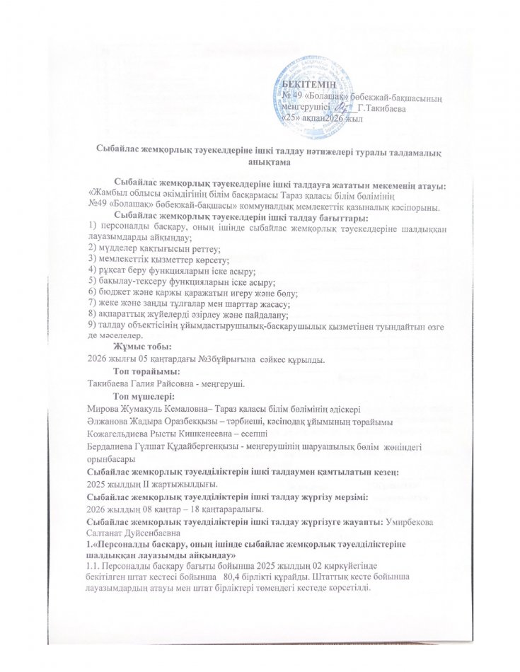 Сыбайлас жемқорлық тәуекелдеріне ішкі талдау нәтижелері туралы талдамалық анықтама